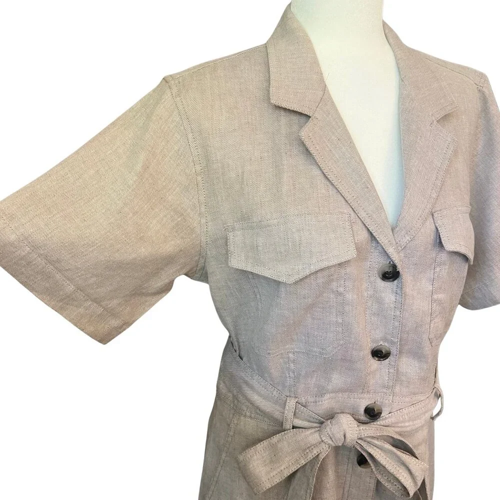 Banana Republic Linen Blend Belted Shirt Dress Khaki Beige Button Front Size 12 - Picture 3 of 7